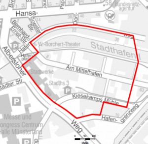 Im markierten Bereich würde im Falle einer Entschärfung evakuiert werden. (Grafik: Stadt Münster)