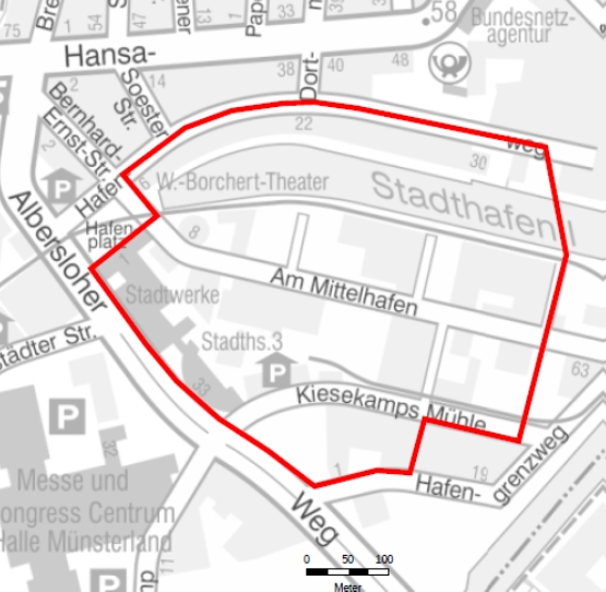 Im markierten Bereich findet ab 12:00 die Evakuierung statt. (Grafik: Stadt Münster)
