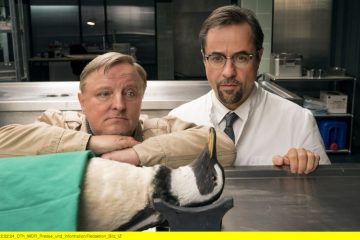 Ein Pinguin in der Rechtsmedizin – mit Kommissar Frank Thiel (Axel Prahl, l.) und Prof. Boerne (Jan Josef Liefers, r). - (Foto: WDR/Thomas Kost)