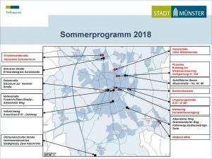 Die Sommerbaustellen 2018 in Münster (schwarze Schrift, in roter Schrift die ohnehin laufende Großbaustellen). (Grafik: Stadt Münster / Tiefbauamt)