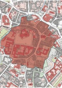 Der Evakuierungsradius beträgt 250 Meter Rund um die Fundstelle am Domplatz. (Grafik: Stadt Münster)