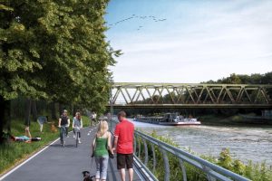 So soll die Uferpromenade am Kanal zwischen Loddenheide und Gremmendorf künftig aussehen.(Visualisierung: Stadt Münster)