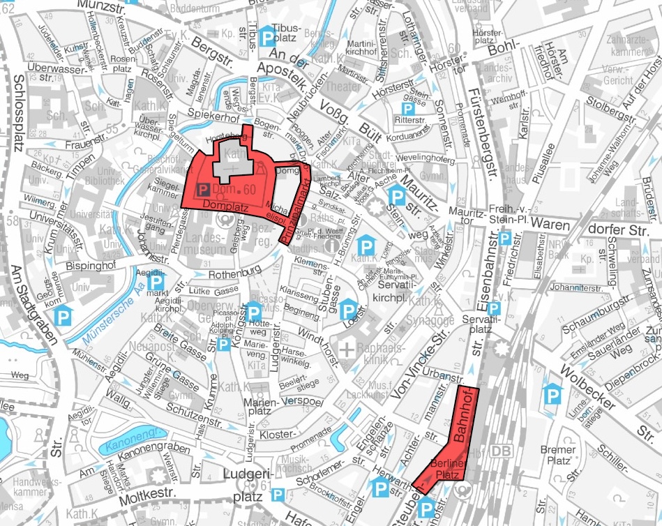 Die Stadt Münster verbietet in der Silvesternacht an Domplatz, Prinzipalmarkt und Bahnhofsvorplatz Feuerwerk. (Karte: Stadt Münster)