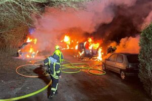 Am Düesbergweg brannten am Neujahrsmorgen sieben Pkw. (Foto: Feuerwehr Münster)