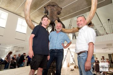 Leon Kunze (l.) baute das Skelett zusammen mit seinem Vater Oliver Kunze (r.) das Skelett zusammen. Museumsdirektor Pro. Harald Strauß (m.) freut sich über das Ergebnis. (Foto: Bührke)