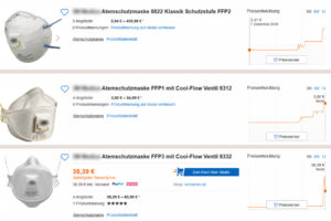 Die Preise für Atemschutzmasken schnellen in die Höhe. (Foto: Screenshot idealo.de)
