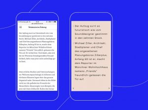 Digitale Texte passt die App an und macht sie damit für Legastheniker besser lesbar: links die ursprüngliche Ansicht, rechts nach der Transkription. (Artikelauszug „Luft nach oben“, Gerhard Matzig, SZ vom 01.06.2019, Copyright Süddeutsche Zeitung GmbH, München. Mit freundlicher Genehmigung von Süddeutsche Zeitung Content.)