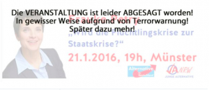 Drastische Worte der AfD-Münster zur Absage ihrer Veranstaltung. (Foto: Screenshot Homepage)