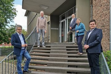 links Dr. Stefan Nacke MdL (unten), Arno Fischedick (oben) sowie rechts Meik Bruns (unten), Simone Wendland MdL (mitte) und Richard-Michael Halberstadt (oben). (Foto: CDU Münster)