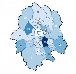 Münster ist in 45 Stadtteile aufgeteilt. Je dunkler der Stadtteil gekennzeichnet ist, desto größer ist die prognostizierte Zunahme der Einwohnerzahl. Besonders deutlich wird dies am Stadtteil Gremmendorf-West (81), wo der Wohnungsbau auf dem Gelände der York-Kaserne voraussichtlich viele neue Einwohnerinnen und Einwohner in den Stadtteil ziehen wird. (Grafik: Stadt Münster)