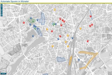 Hinter jeder Markierung verbirgt sich ein Eintrag zur kolonialen Vergangenheit Münsters (Screenshot: Stadt Münster)