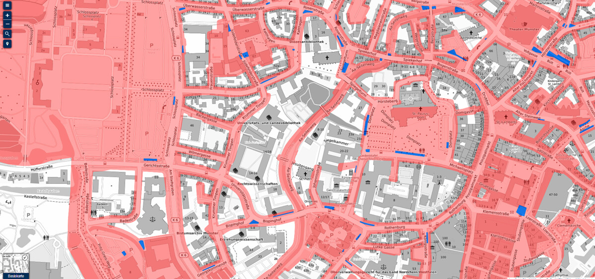 Blaue Parkflächen und rote Verbotszonen: Die Stadt Münster bringt jetzt das neue Parkkonzept für E-Scooter auf den Weg. Ziel ist die deutliche Reduzierung von Behinderungen durch die Mini-Fahrzeuge auf den Gehwegen. (Grafik: Stadt Münster)