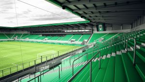 So könnte es im Preußenstadion künftig aussehen: Blick von der neuen Heimkurve des SCP mit knapp 8800 Stehplätzen in Richtung der neuen Nord-Tribüne.