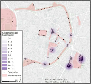 Visualisierung stark befahrener Bereiche mit E-Rollern (rot) und stark frequentierter Bereiche, in denen E-Roller abgestellt werden (violett). (Grafik: Vermessungs- und Katasteramt, Stadt Münster, Fachbereich Geoinformation, Fachstelle zentrales Geodatenmanagement | Urbane Daten)