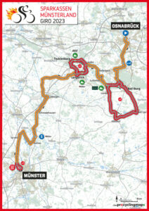 Die Strecke für den Sparkassen Münsterland Giro am 3. Oktober steht fest: Der Giro begibt sich in diesem Jahr auf die Spuren des Westfälischen Friedens und verbindet die beiden Friedensstädte Osnabrück und Münster. (Grafik: Sparkassen Münsterland Giro)