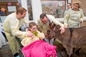 Esel Merle während seines Einsatzes in der Kinderklinik des Clemenshospitals. (Foto: mb)