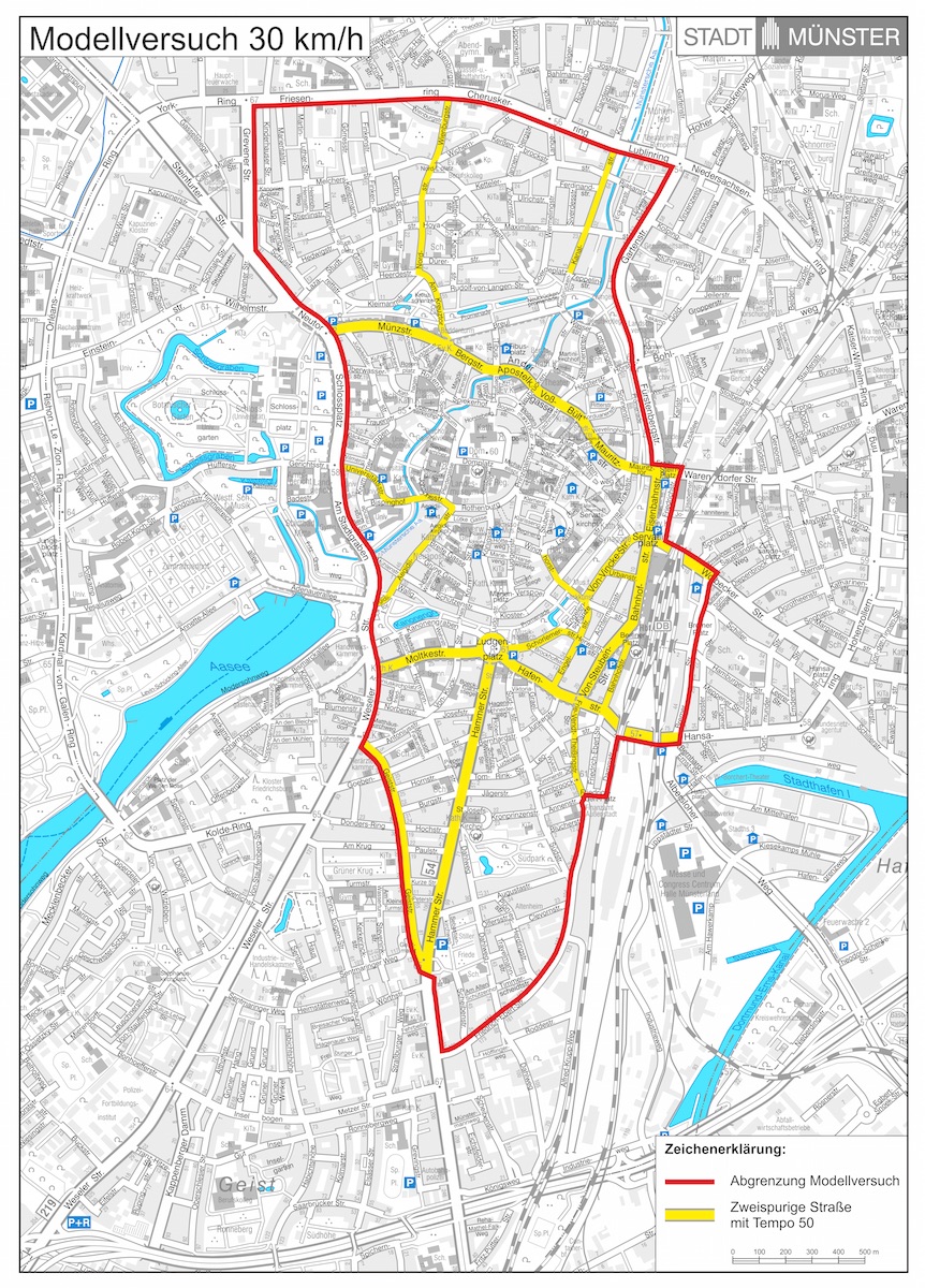 Innerhalb des markierten Bereichs könnte möglicherweise schon im nächsten Jahr ein Modellversuch mit Tempo 30 starten. (Grafik: Stadt Münster / Presseamt)