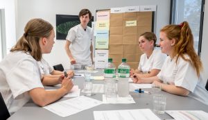 Im abschließenden Debriefing wird ausgewertet, wie gut sich die Pflegenden im Simulationstraining geschlagen haben. (Foto: UKM/Thomas Hauss)