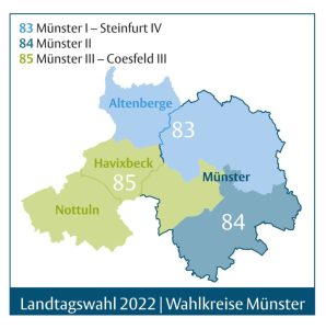 : Erstmals gibt es für Münster in diesem Jahr drei statt bislang zwei Wahlkreise für die Landtagswahl. Zwei davon überschreiten die Stadtgrenzen, auch das ist ein Novum. Grafik: Amt für Kommunikation, Stadt Münster. 