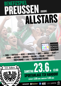 Etliche Altstars raffen sich zum Benefizspiel am 23. Juni beim TSV Handorf noch einmal auf um gegen ihre aktuellen Kollegen anzutreten. (Plakat: SC Preußen Münster)