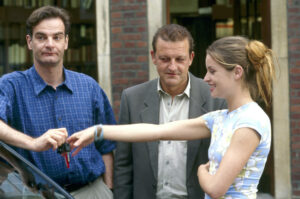 Ein frühes Foto mit Heinrich Schafmeister als Manni Höch, Leoanard Lansink als Wilsberg (m.) und Ina Paule Klink als Alex (r.) (Foto: ZDF/Martin Lässig)