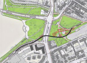 Das ist die aktuell bevorzugte „Variante B“ mit der geringsten Auswirkung auf den Baumbestand, der hier rot schraffiert ist. (Grafik: StadtVerkehr Planungsgesellschaft)