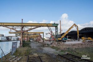 Auf dem Gelände der alten Osmo-Hallen sollen mit dem Bau des Neuhafens 670 Wohneinheiten, Büros und Hotel- oder Gastronomiebetriebe entstehen. (Archivbild: Thomas Hölscher)