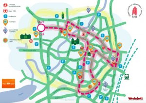 Der närrische Lindwurm folgt am Rosenmontag der hier rot eingezeichneten Linie durch die Stadt. (Grafik: BMK)