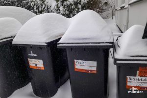 So heftig wie hier im Februar 2021 hat der Winter in Münster noch nicht zugeschlagen. Aber die awm warnen, dass feuchte Abfälle bei der aktuellen Kälte in den Abfalltonnen festfrieren. Eierkartons oder zerknülltes Papier auf dem Boden können das verhindern. (Archivbild: Ralf Clausen)