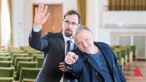 Am Set mit Jan Josef Liefers (li.) und Axel Prahl. (Foto: wf / Weber)