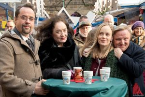 Am Rande des Filmsets beim Münster-Tatort (v.l.): Jan Josef Liefers, Mechthild Großmann, Friederike Kempter und Axel Prahl. (Foto: Michael Bührke)